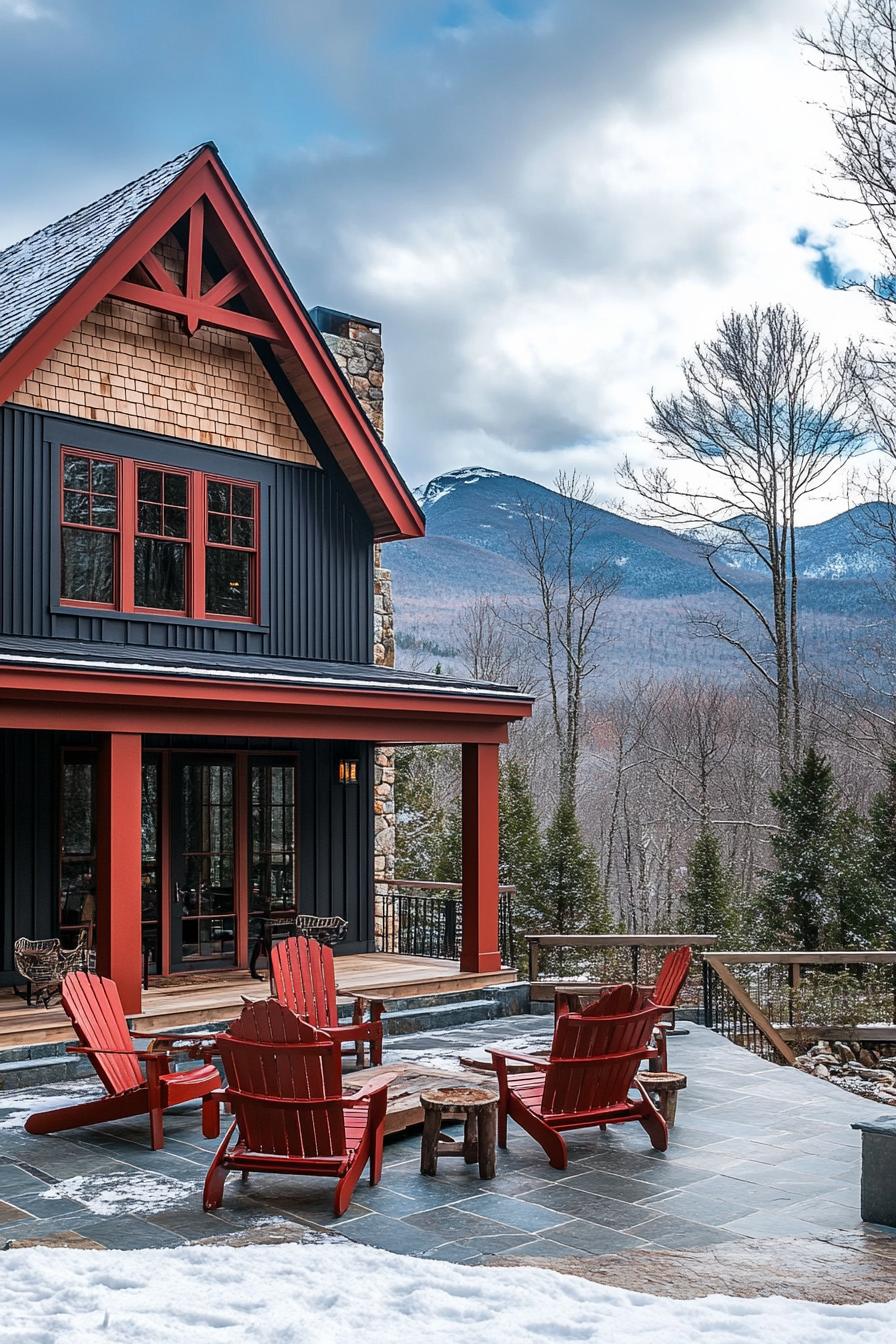 modern cottage style mountain house facade with earthy terracotta siding deep red trim large patio with adirondack chairs winter mountains in the background 3