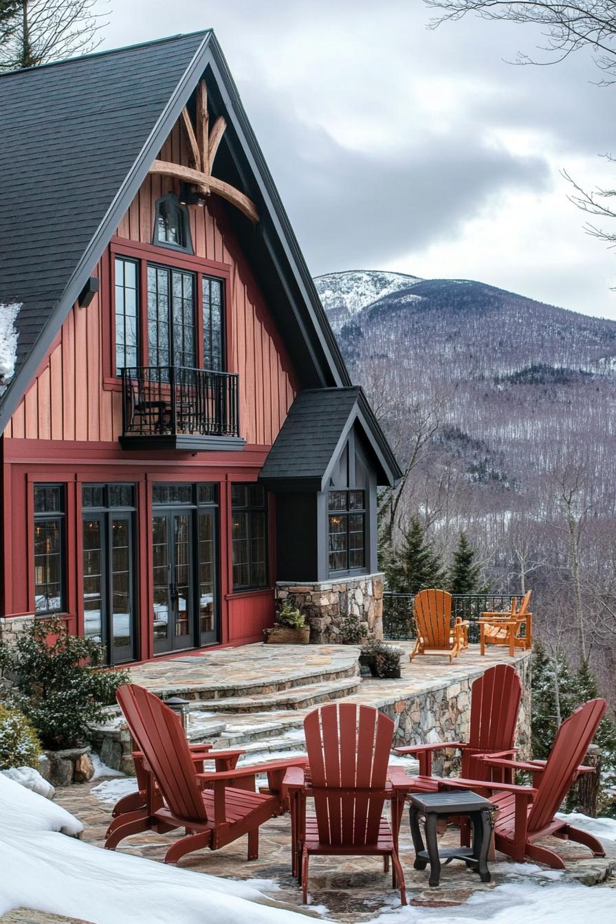 modern cottage style mountain house facade with earthy terracotta siding deep red trim large patio with adirondack chairs winter mountains in the background