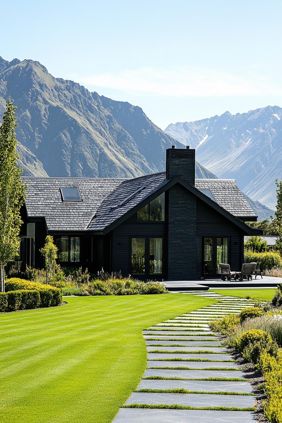 modern cottage style mountain house with obsidian timber siding iron accents slate shingle roof green landscape with lawn shrubs paved pathways 1