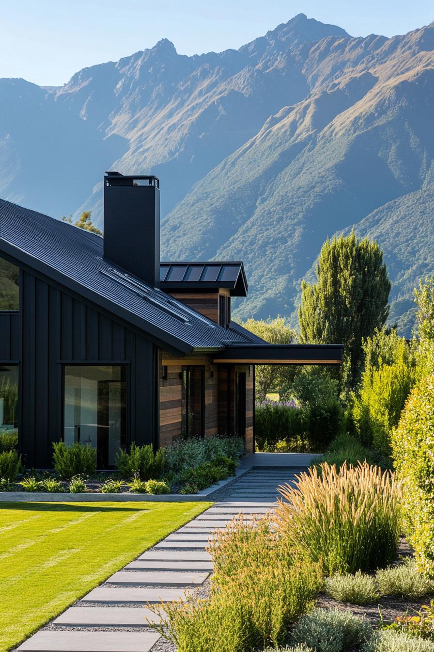 modern cottage style mountain house with obsidian timber siding iron accents slate shingle roof green landscape with lawn shrubs paved pathways 2