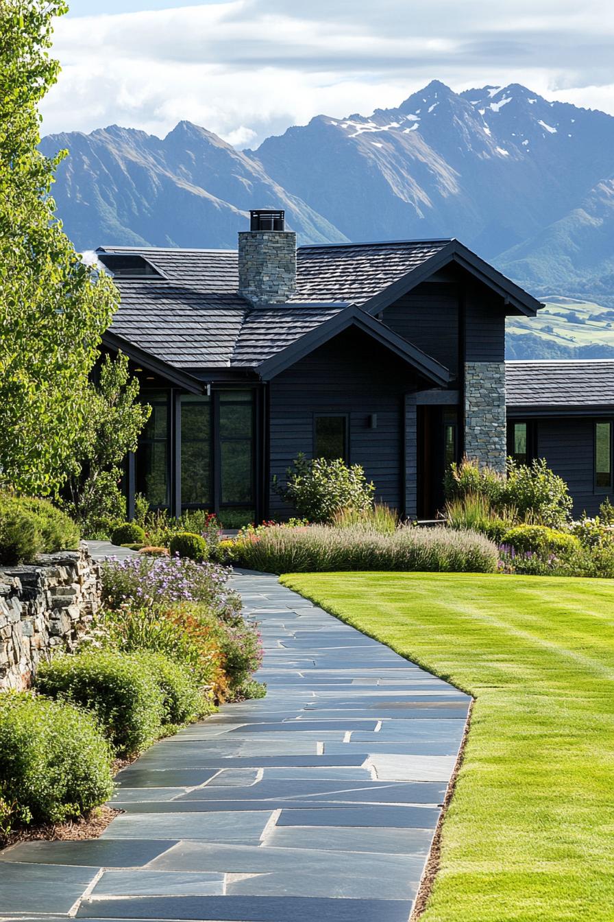 modern cottage style mountain house with obsidian timber siding iron accents slate shingle roof green landscape with lawn shrubs paved pathways 3