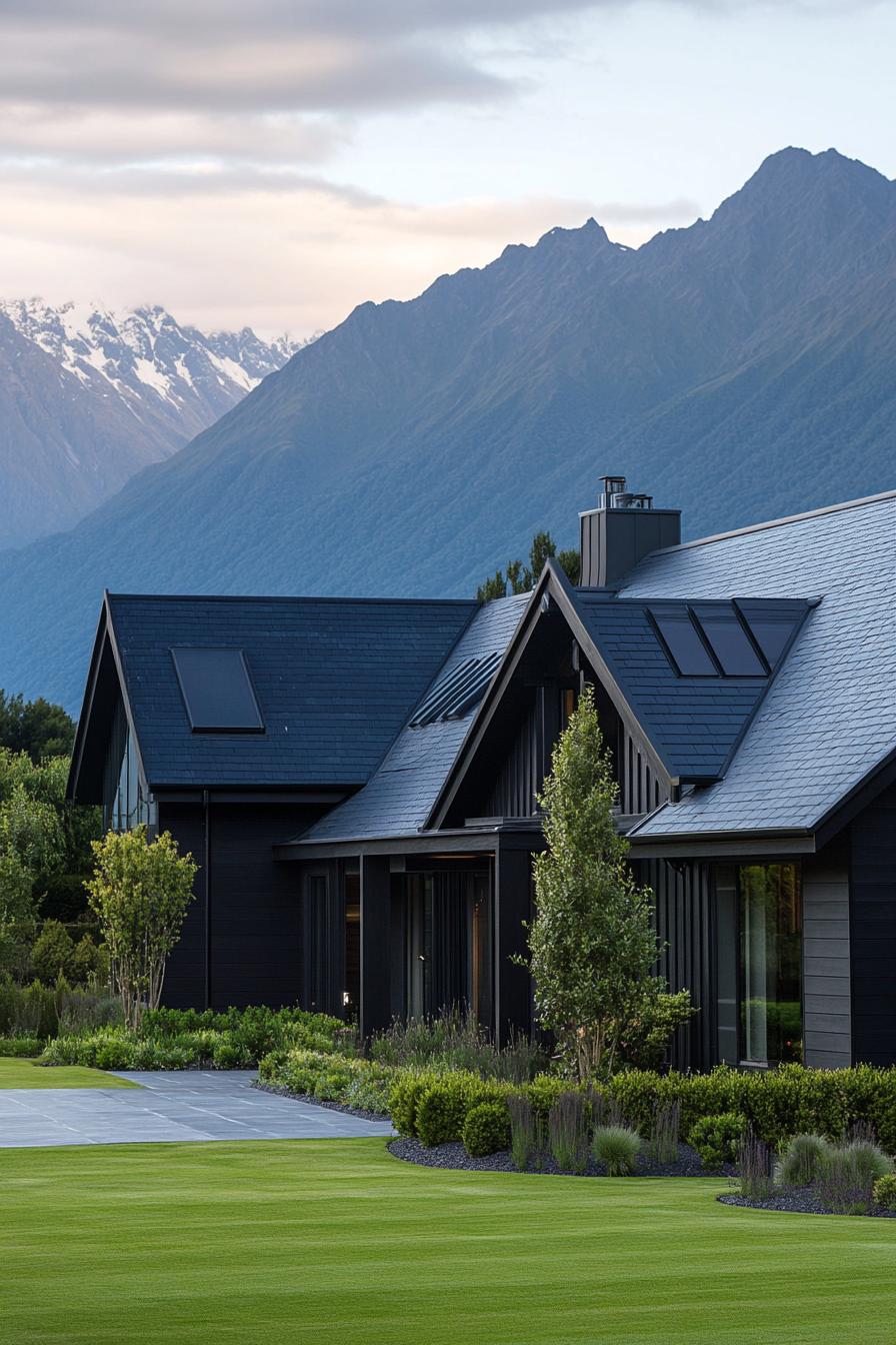 modern cottage style mountain house with obsidian timber siding iron accents slate shingle roof green landscape with lawn shrubs paved pathways