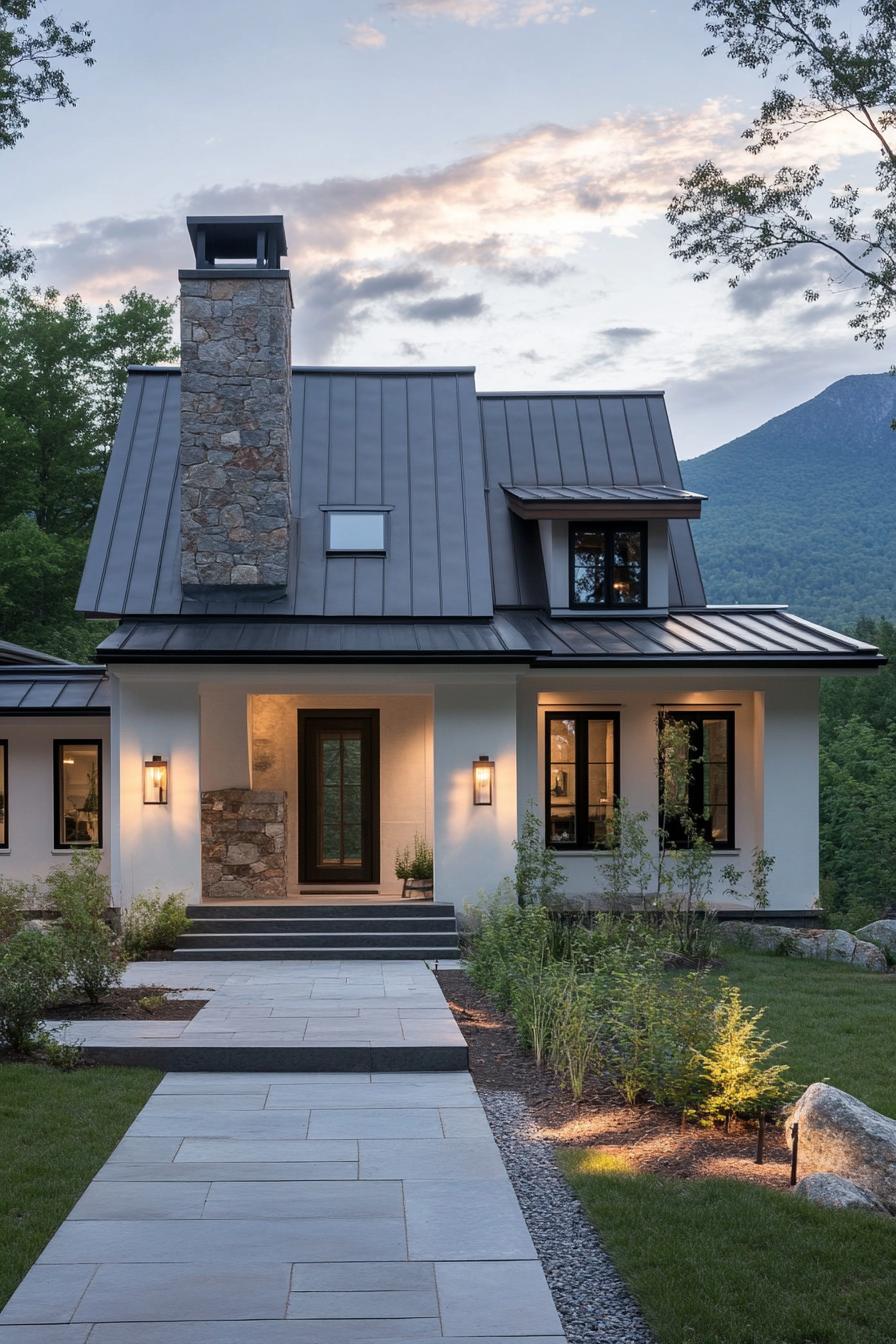 modern cottage style mountain house with white stucco facade stone chimney black metal roof entrance with gambrel and steps yard hardscape with 1