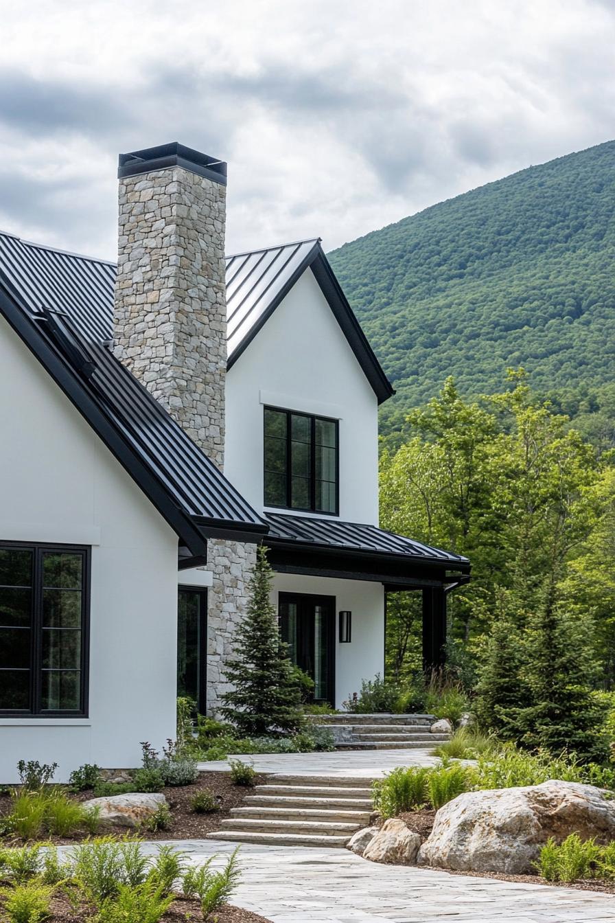 modern cottage style mountain house with white stucco facade stone chimney black metal roof entrance with gambrel and steps yard hardscape with 2