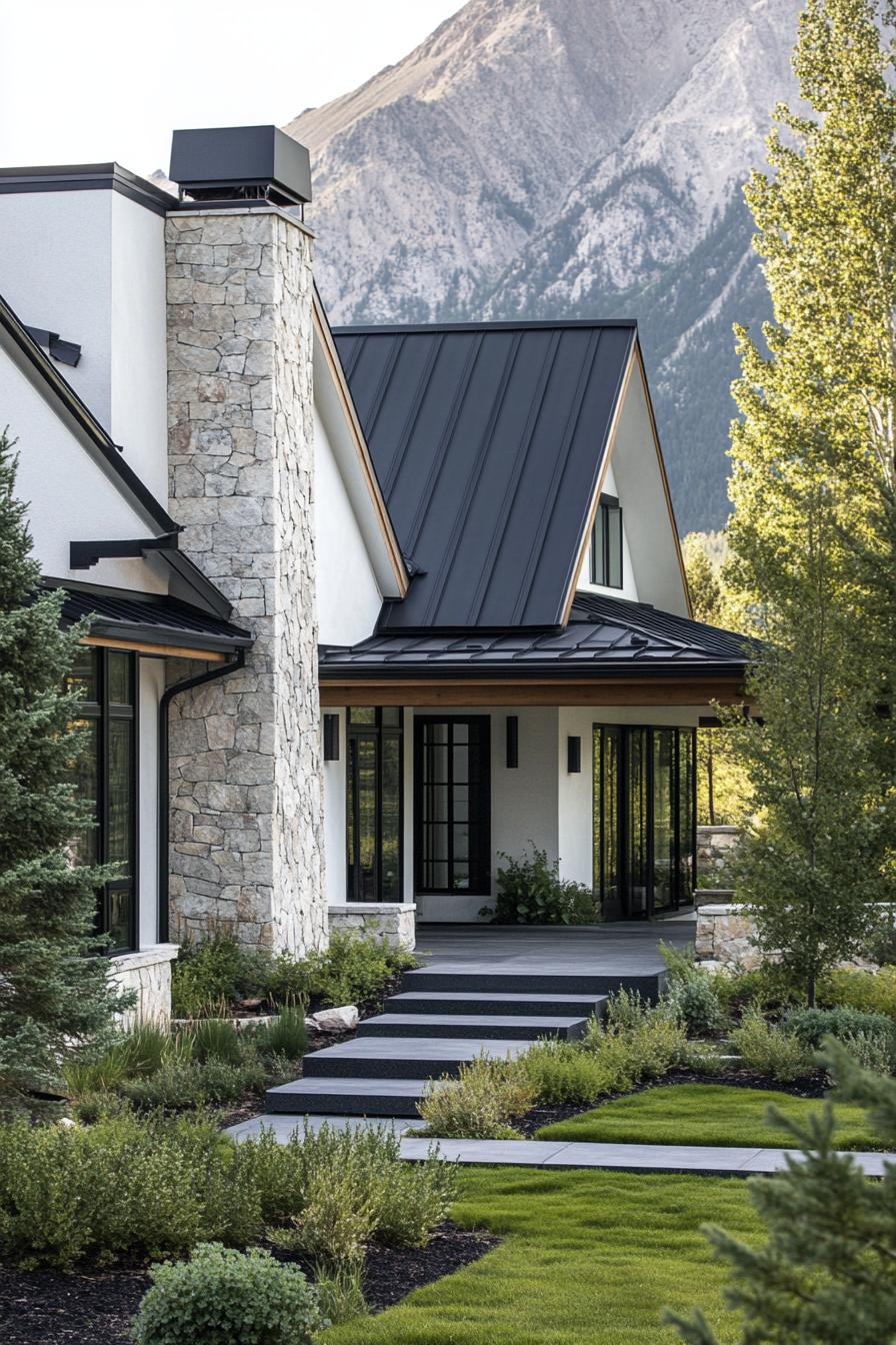 modern cottage style mountain house with white stucco facade stone chimney black metal roof entrance with gambrel and steps yard hardscape with 3