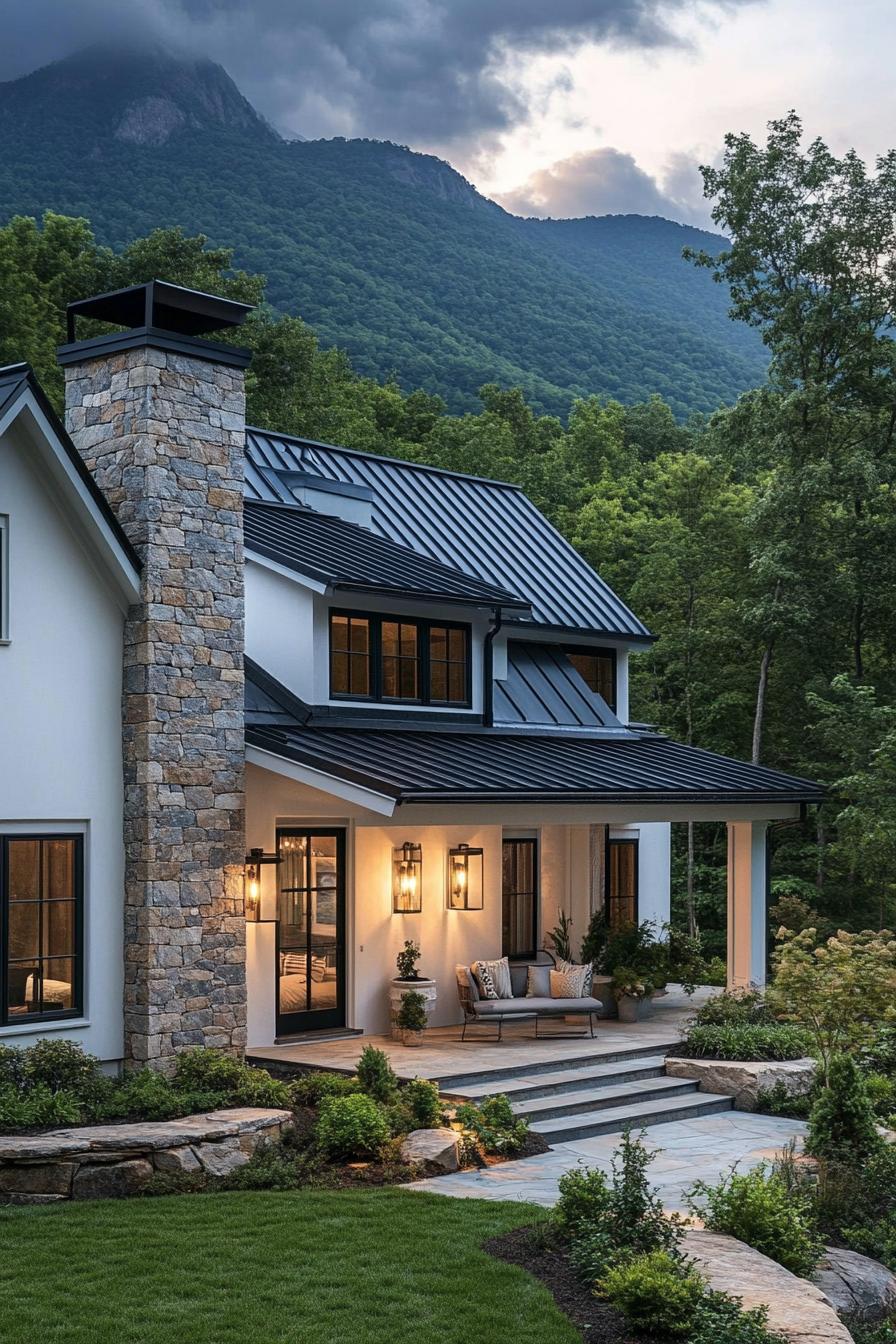 modern cottage style mountain house with white stucco facade stone chimney black metal roof entrance with gambrel and steps yard hardscape with