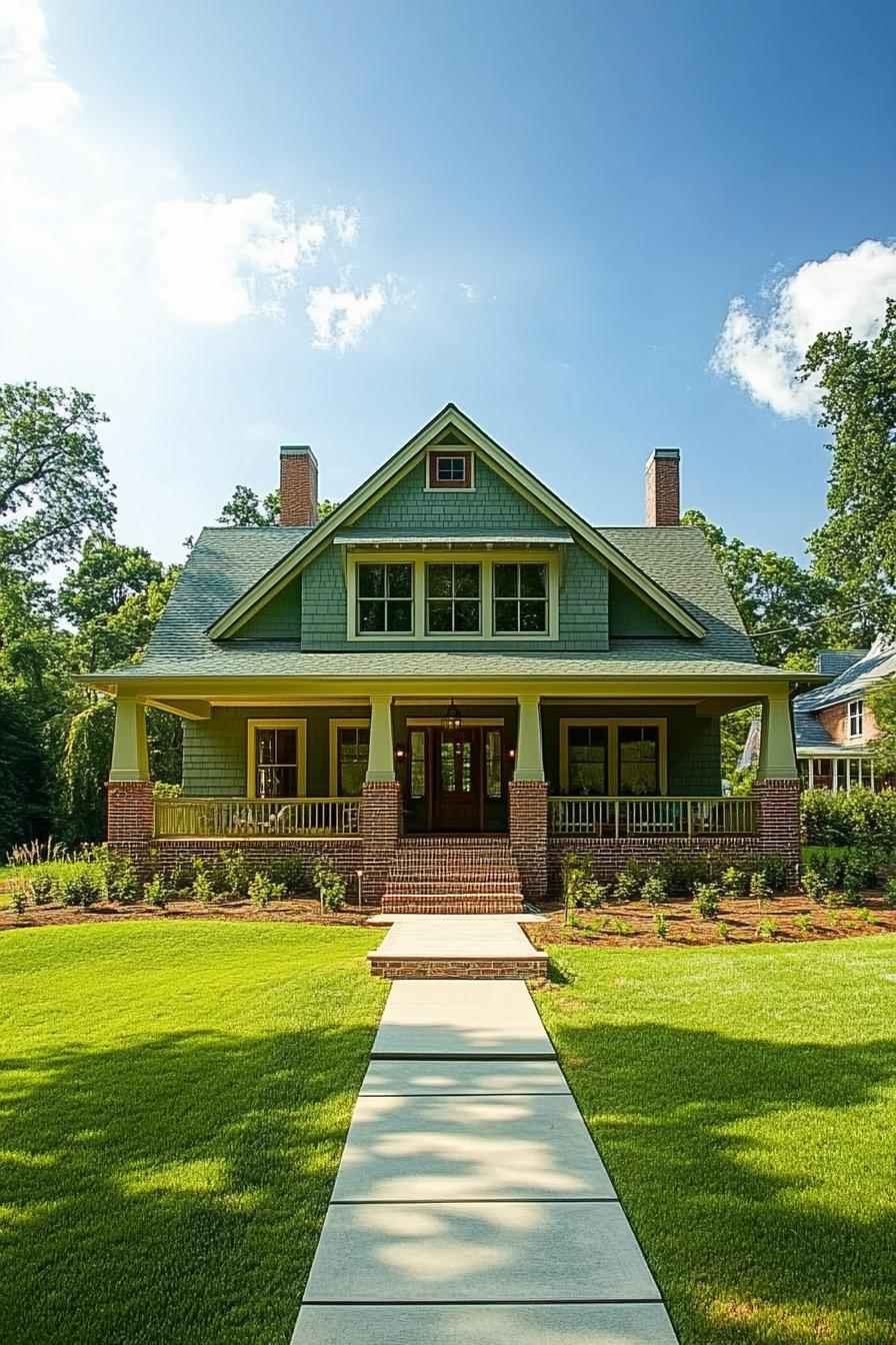 modern craftsman house in laurel green siding forest green roof multi pitch roof multi dormers white window trim extended porch with columns on 1