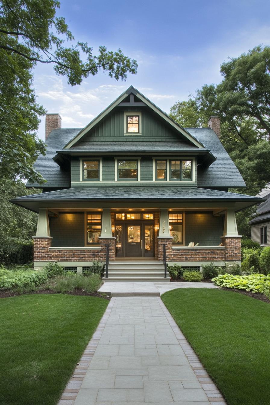 modern craftsman house in laurel green siding forest green roof multi pitch roof multi dormers white window trim extended porch with columns on 2