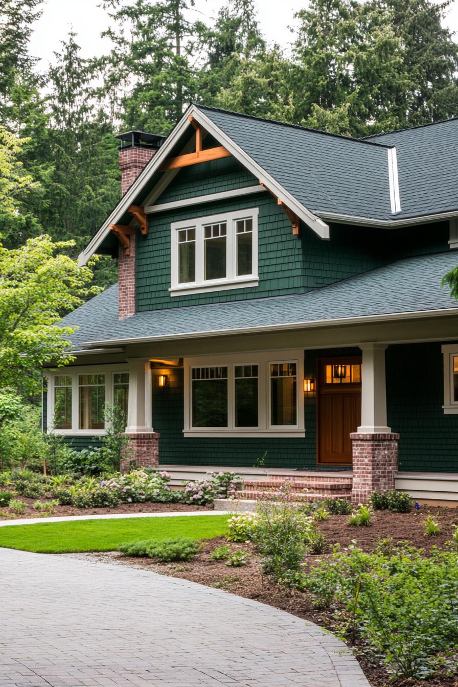 modern craftsman house in laurel green siding forest green roof multi pitch roof multi dormers white window trim extended porch with columns on