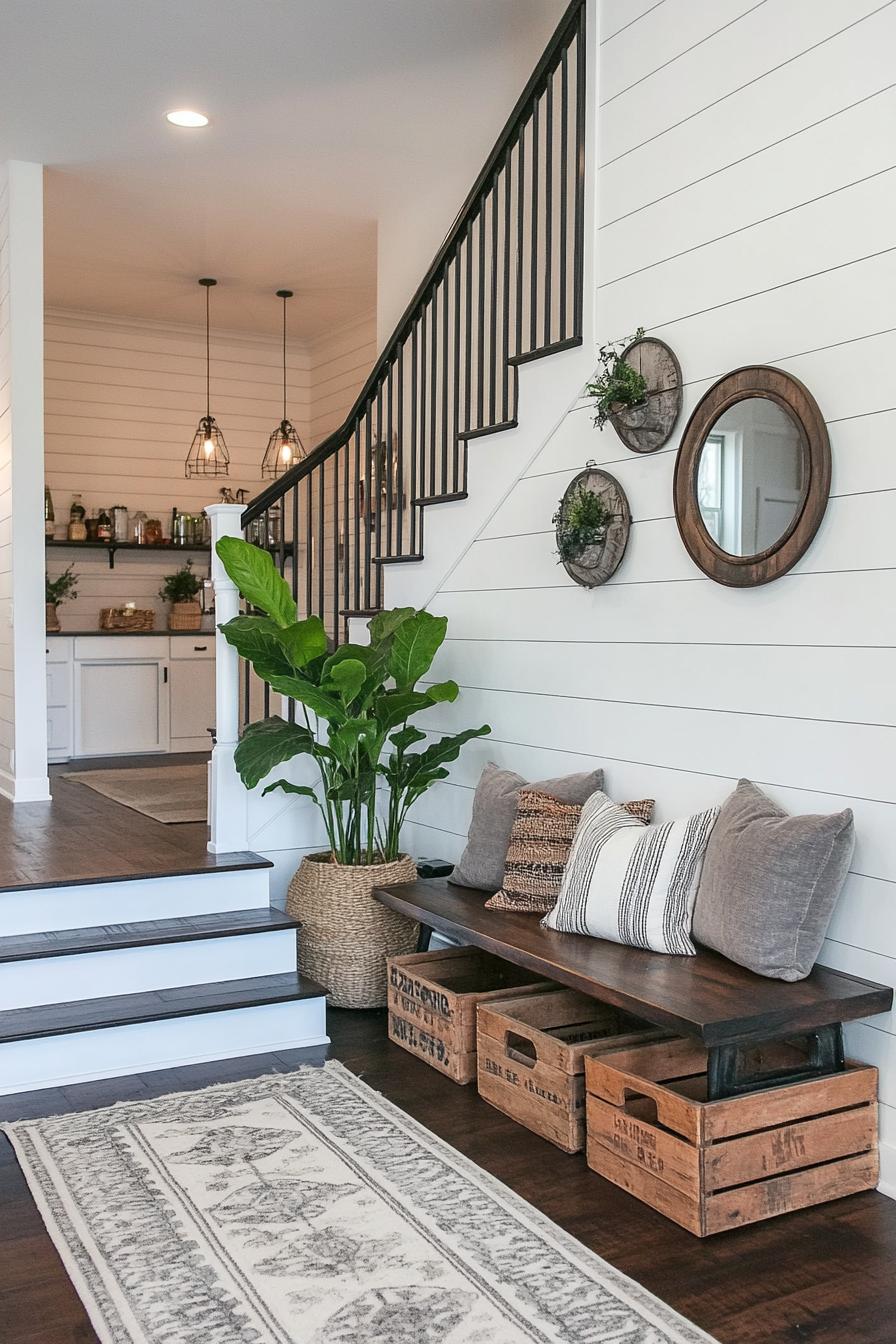 modern farmhouse interior white staircase with black iron railings one white wheathered balustrade rustic dark wood steps in glossy finish white 1