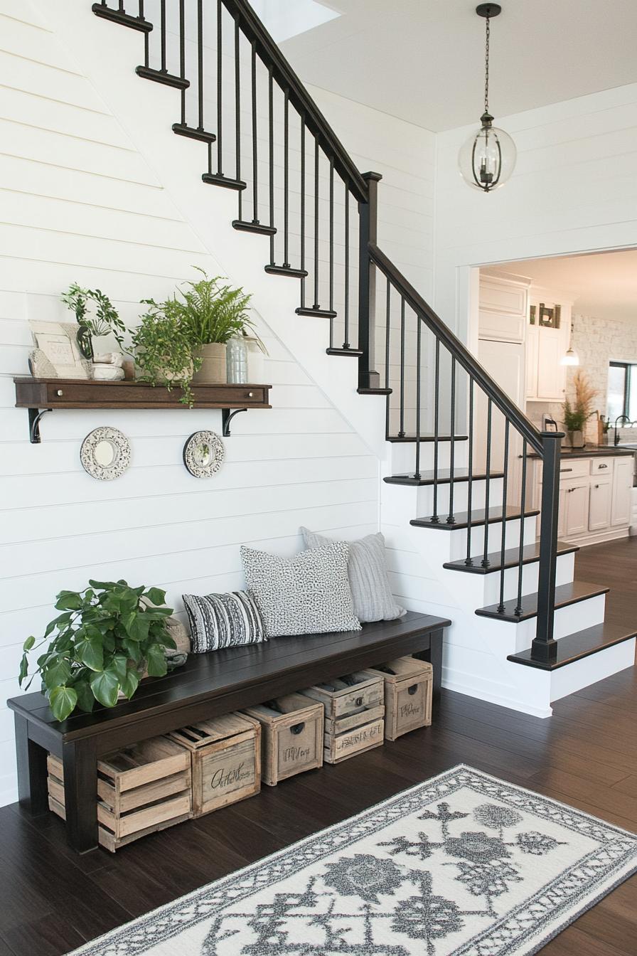 modern farmhouse interior white staircase with black iron railings one white wheathered balustrade rustic dark wood steps in glossy finish white 2