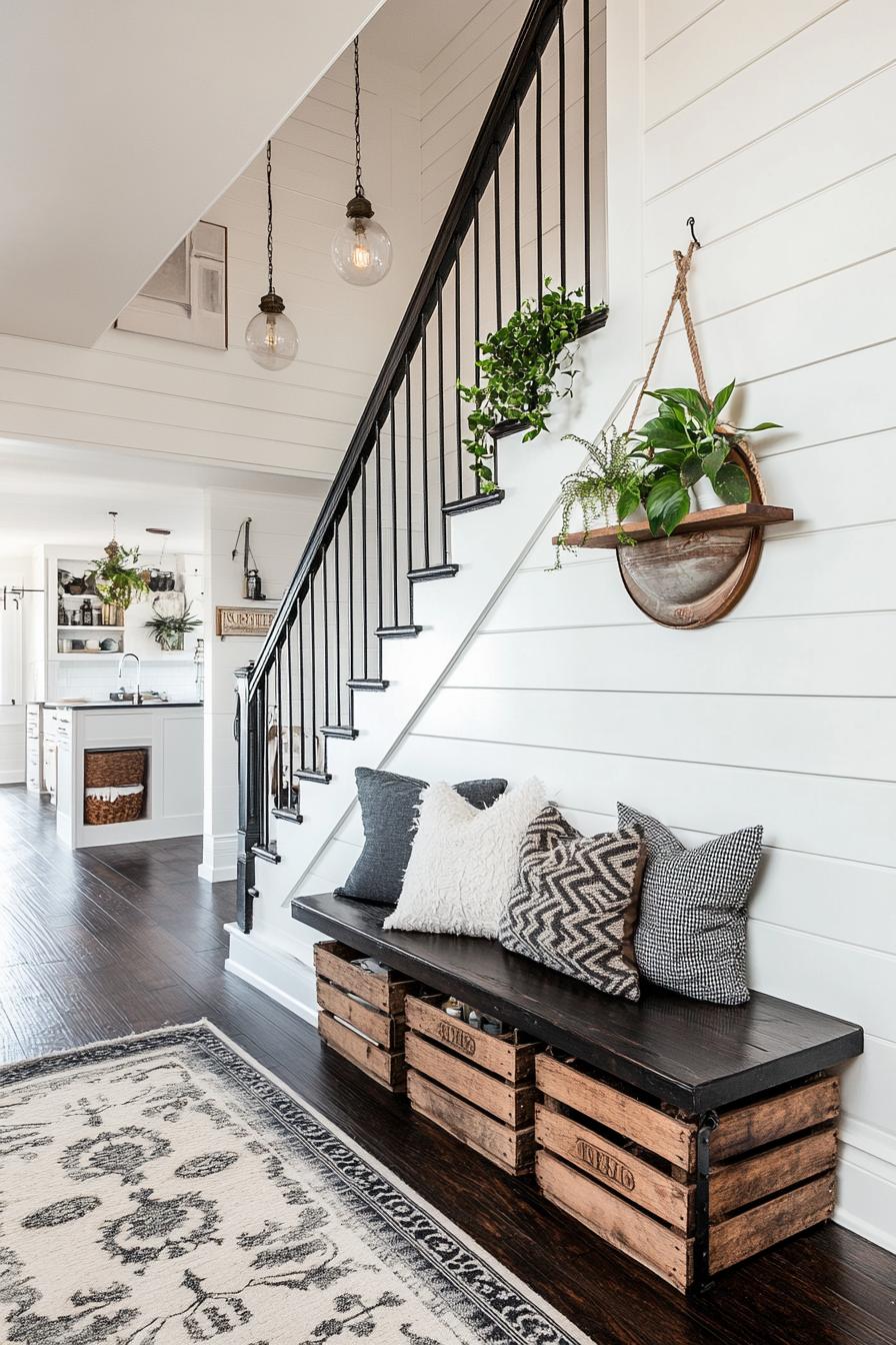 modern farmhouse interior white staircase with black iron railings one white wheathered balustrade rustic dark wood steps in glossy finish white