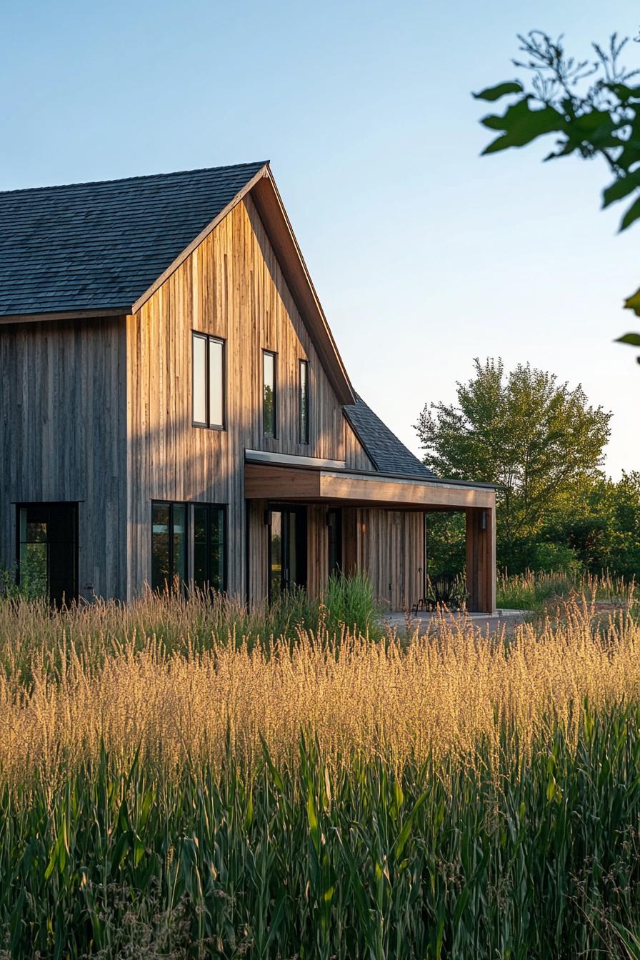 modern farmhouse with reclaimed wood siding farmland with corn fields 1