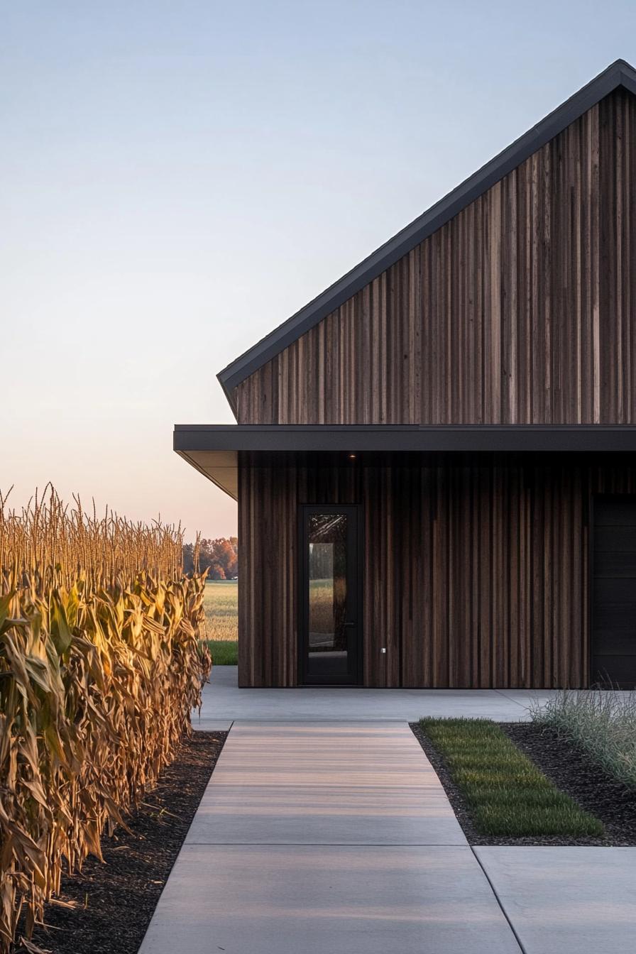 modern farmhouse with reclaimed wood siding farmland with corn fields 2