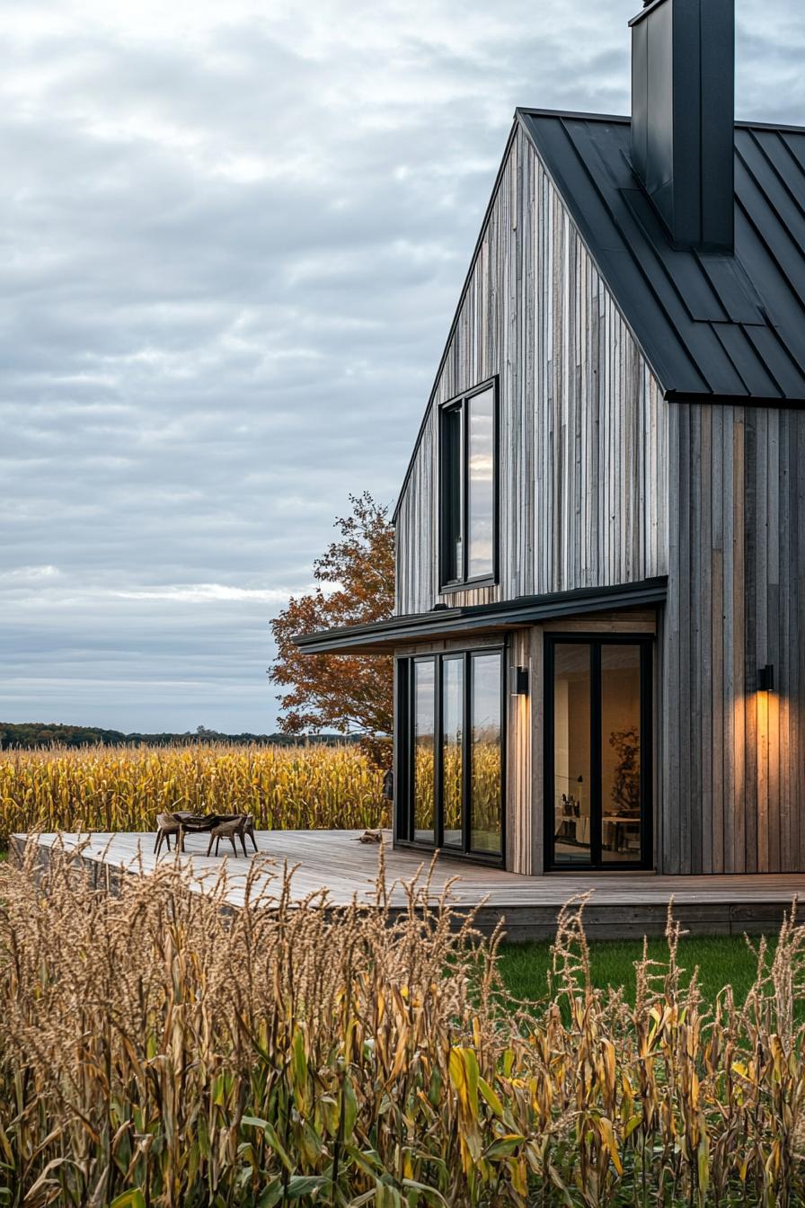 modern farmhouse with reclaimed wood siding farmland with corn fields 3