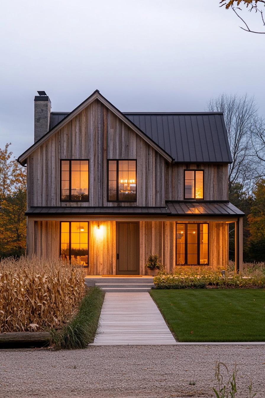 modern farmhouse with reclaimed wood siding farmland with corn fields