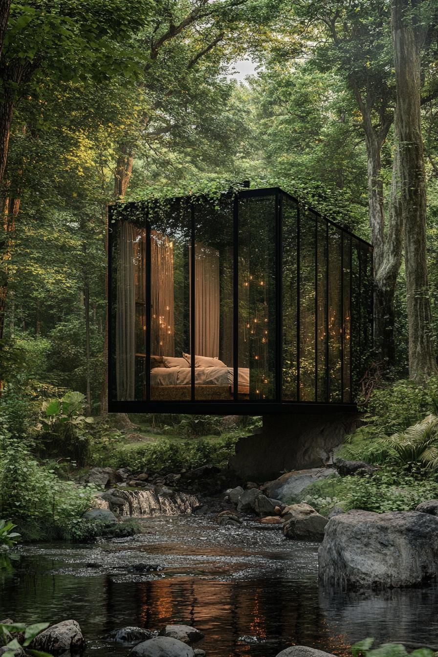 modern forest glass cabin with black metal frame a bedroom is visible inside the cabin frame is overgrown with vines the cabin stands on an edge of 1