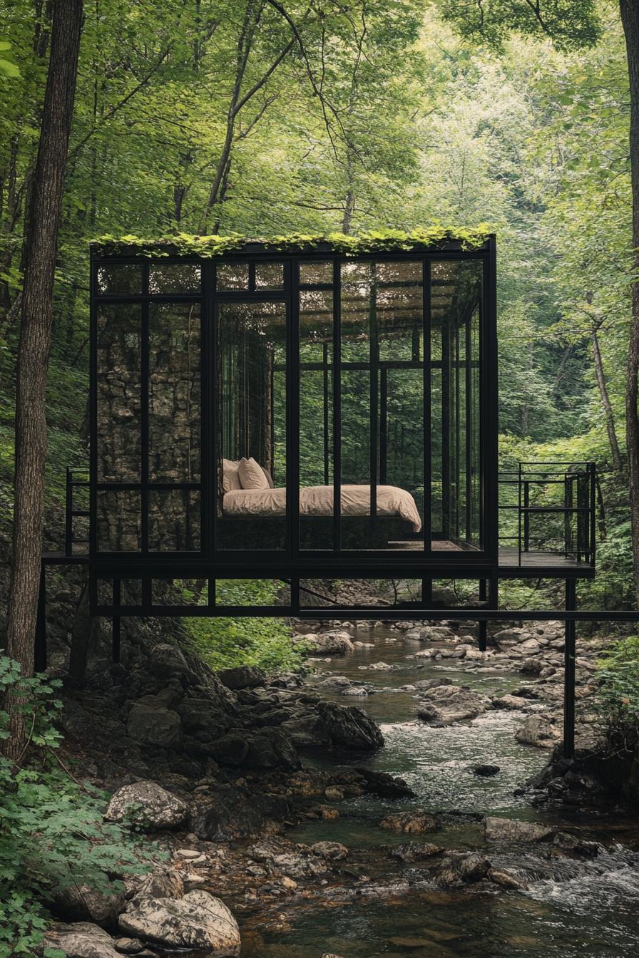 modern forest glass cabin with black metal frame a bedroom is visible inside the cabin frame is overgrown with vines the cabin stands on an edge of 2