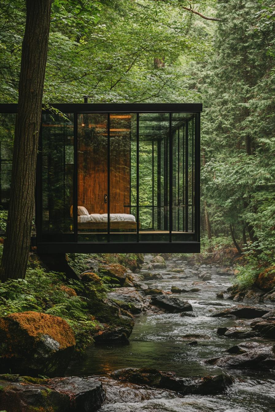 modern forest glass cabin with black metal frame a bedroom is visible inside the cabin frame is overgrown with vines the cabin stands on an edge of 3