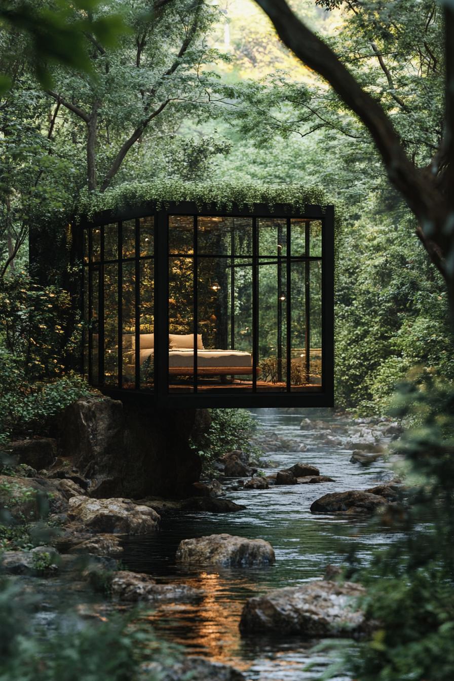 modern forest glass cabin with black metal frame a bedroom is visible inside the cabin frame is overgrown with vines the cabin stands on an edge of