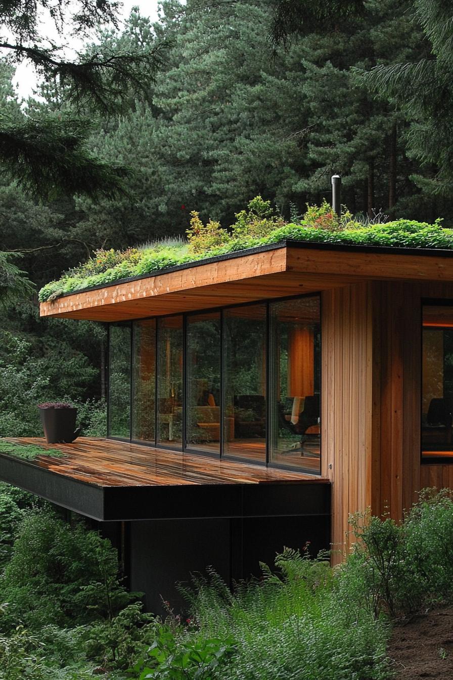 modern forest house log cabin facade with green living roof 1