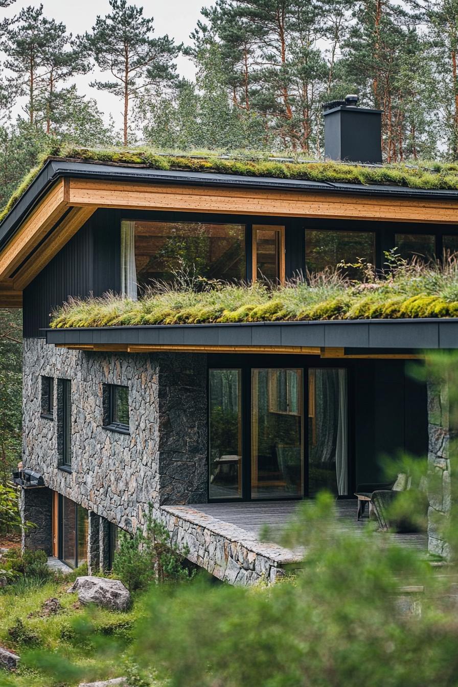 modern forest house log cabin facade with green living roof 2