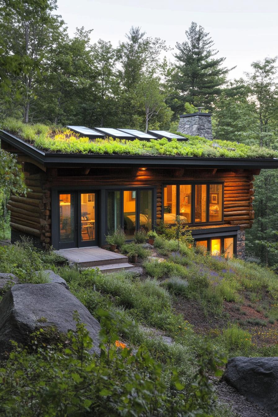 modern forest house log cabin facade with green living roof 3