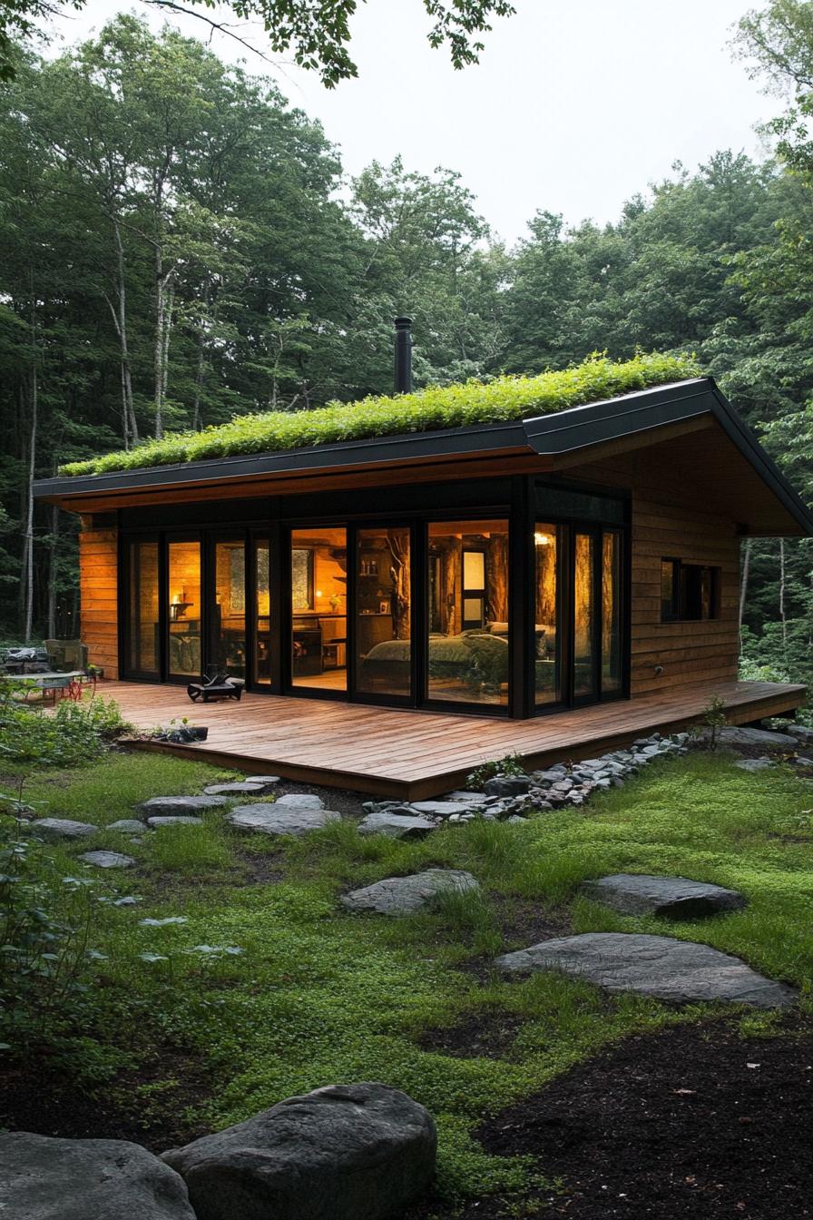 modern forest house log cabin facade with green living roof