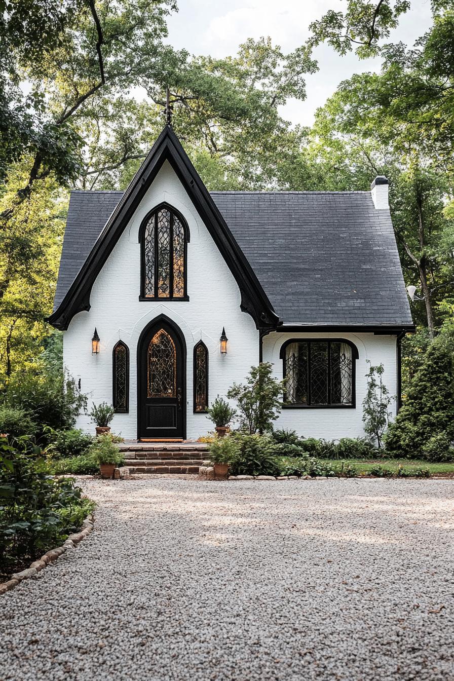 modern gothic style cottage facade with large pointed arch entryway gravel frontyard 1