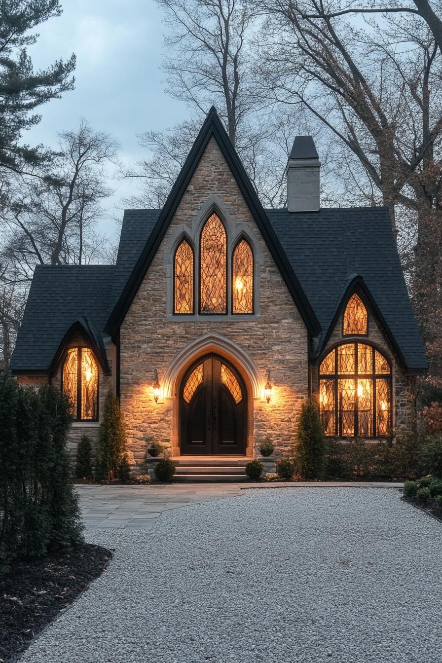 modern gothic style cottage facade with large pointed arch entryway gravel frontyard 2