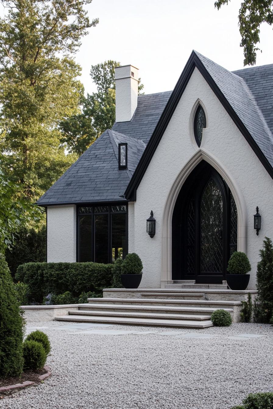 modern gothic style cottage facade with large pointed arch entryway gravel frontyard 3