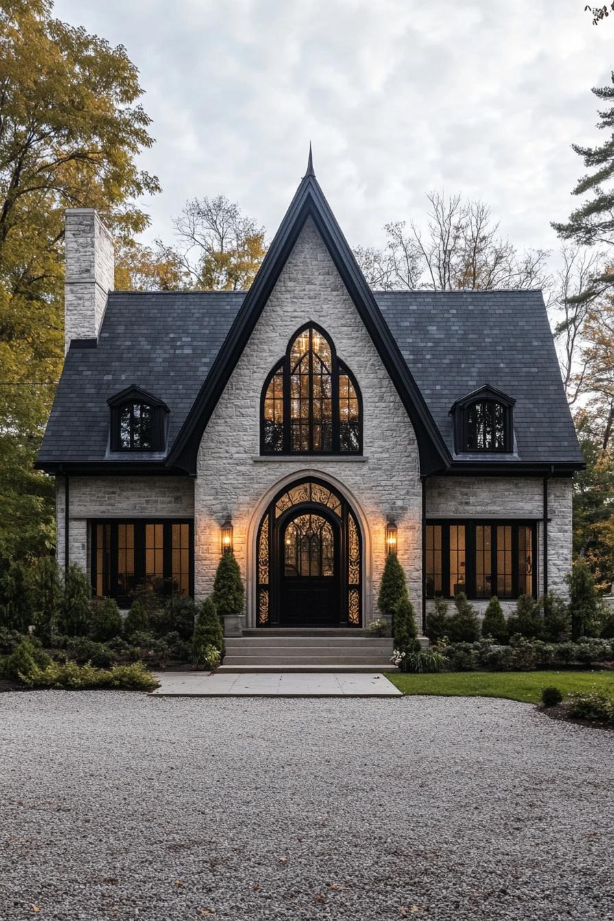 modern gothic style cottage facade with large pointed arch entryway gravel frontyard