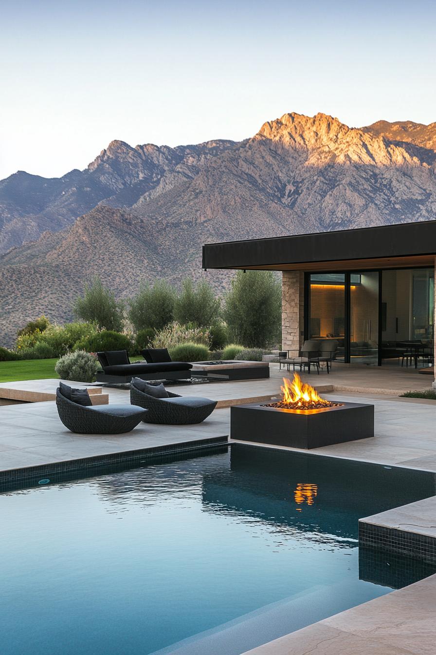 modern house backyard poolside firepit lounge with stunning mountain views 1