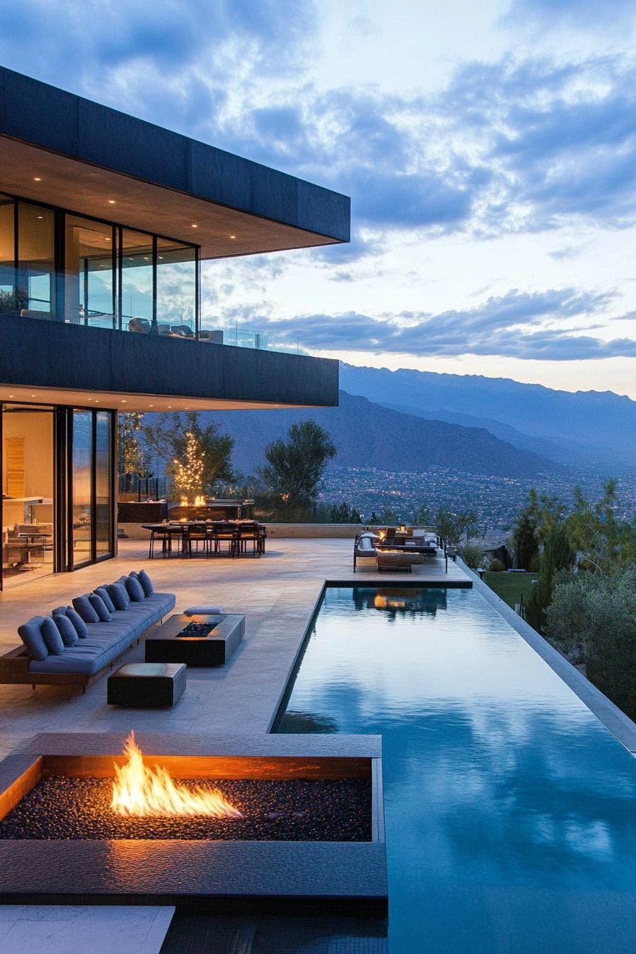 modern house backyard poolside firepit lounge with stunning mountain views