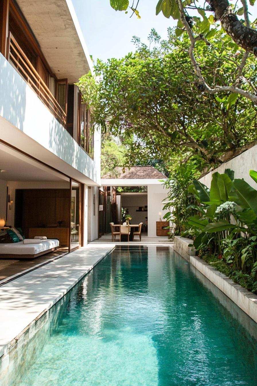 modern house with a compact pool along the wall tree lined garden 2