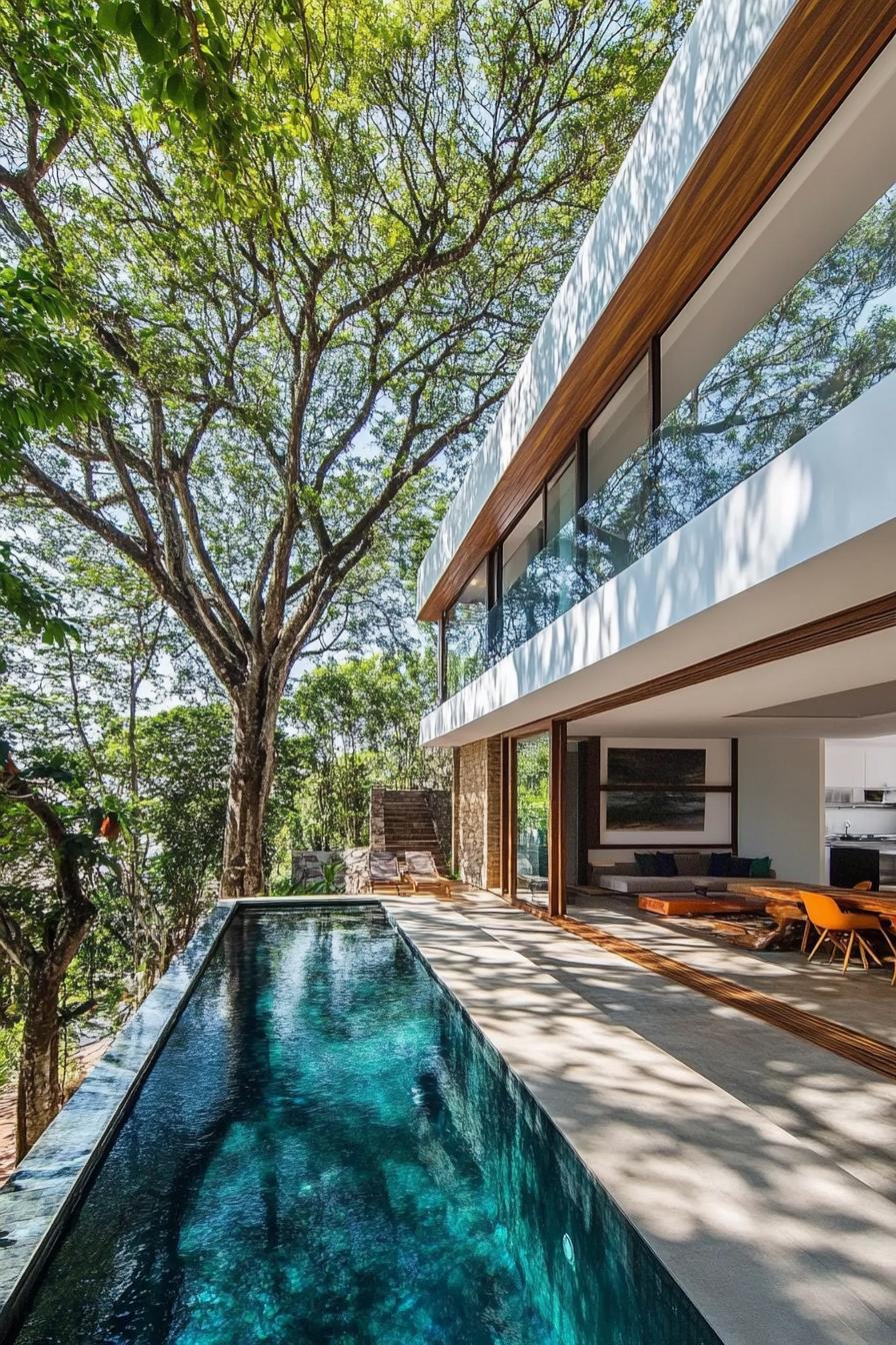 modern house with a compact pool along the wall tree lined garden