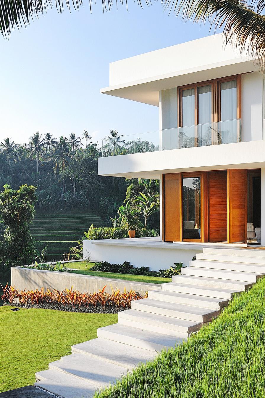 modern indian style house white oncrete mixed with wood full wall windows and sliding doors front yard lawn and concrete garden beds steps leading 1