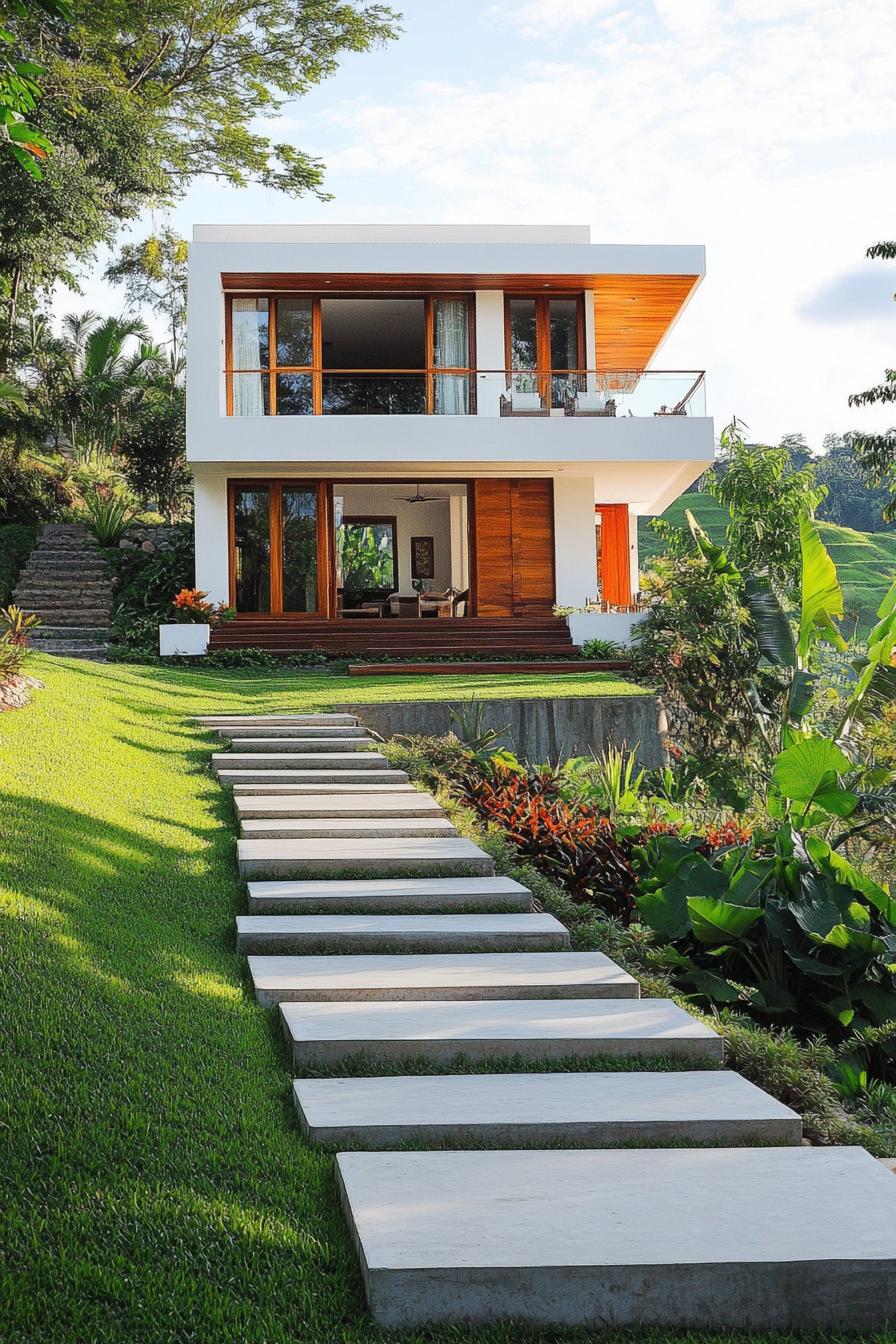 modern indian style house white oncrete mixed with wood full wall windows and sliding doors front yard lawn and concrete garden beds steps leading 2