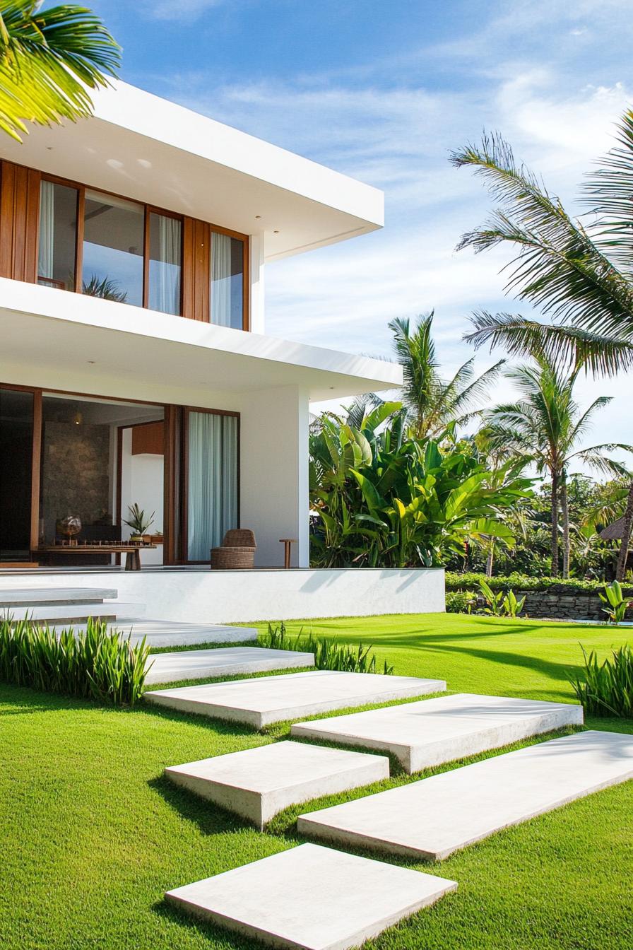 modern indian style house white oncrete mixed with wood full wall windows and sliding doors front yard lawn and concrete garden beds steps leading 3