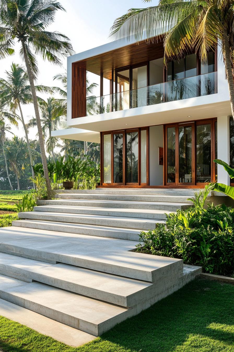 modern indian style house white oncrete mixed with wood full wall windows and sliding doors front yard lawn and concrete garden beds steps leading