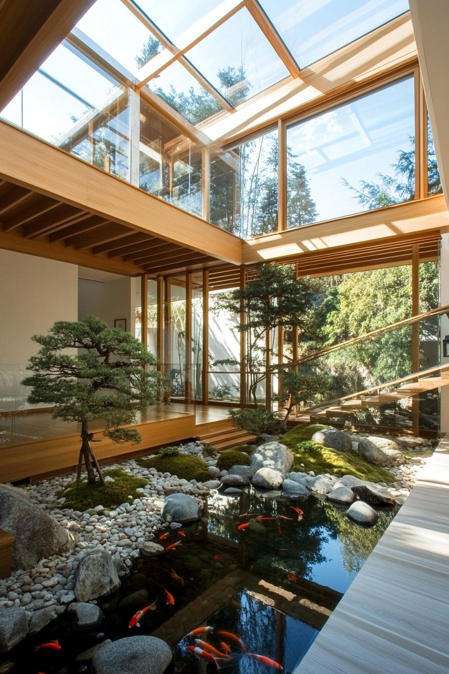 modern japanese inner courtyard under a skylight roof with koi pond rocks and bonsai trees the house has large windows and shoji screen doors 1