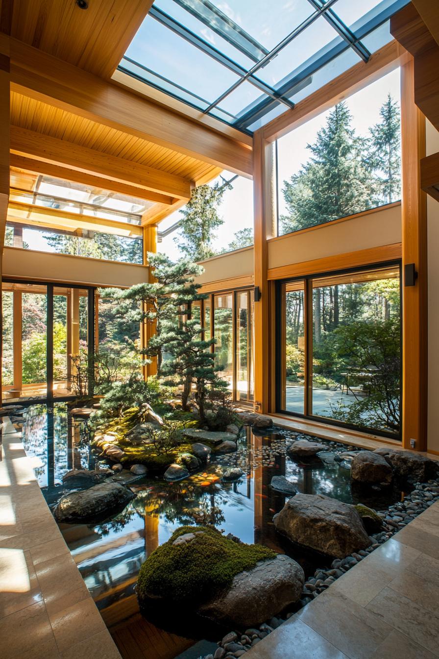 modern japanese inner courtyard under a skylight roof with koi pond rocks and bonsai trees the house has large windows and shoji screen doors 2