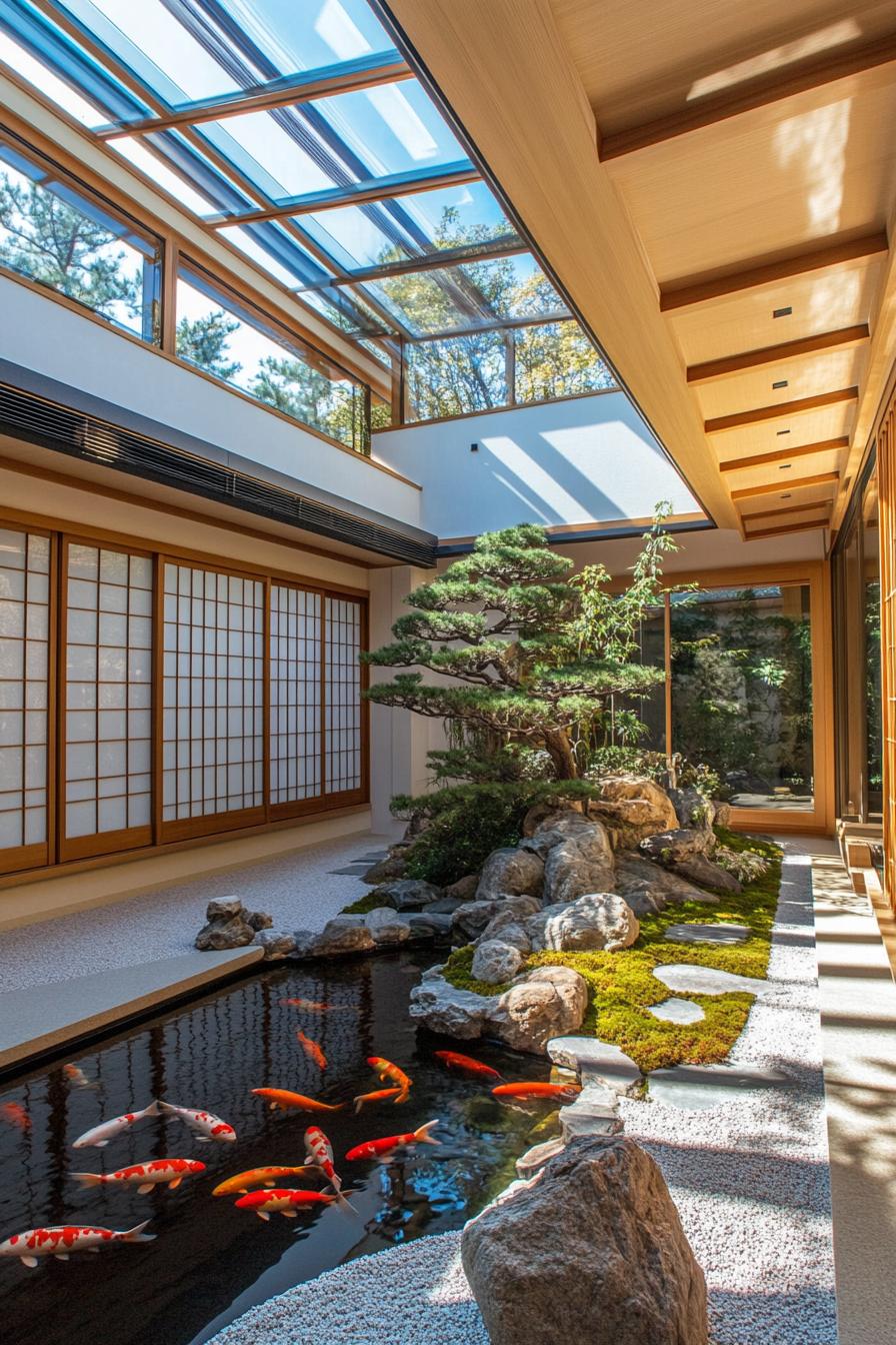 modern japanese inner courtyard under a skylight roof with koi pond rocks and bonsai trees the house has large windows and shoji screen doors 3