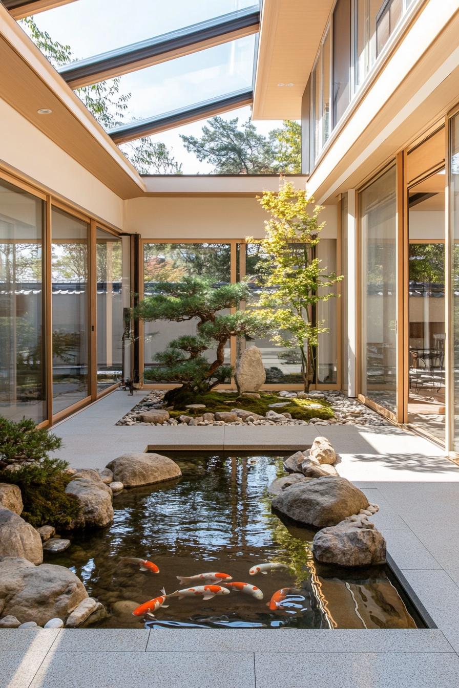 modern japanese inner courtyard under a skylight roof with koi pond rocks and bonsai trees the house has large windows and shoji screen doors