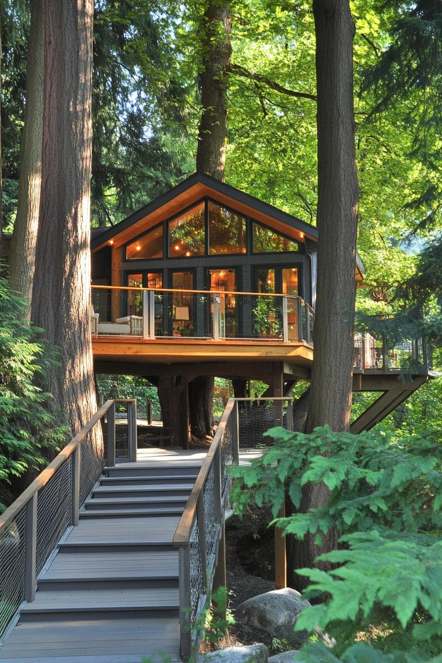 modern luxury cottage style tree house it has a large deck built between tall trees stairs with railings lead to the deck and the house 1