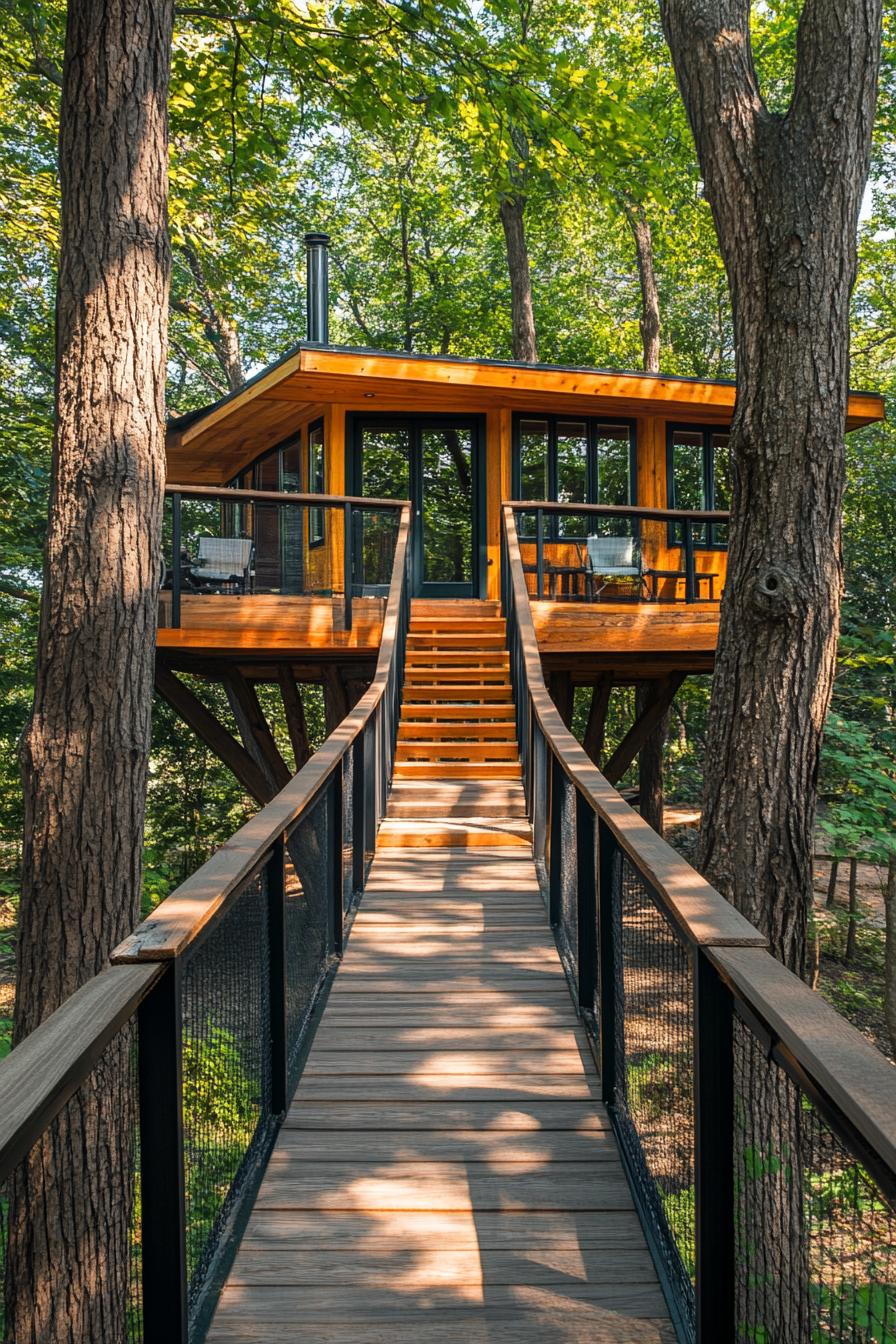 modern luxury cottage style tree house it has a large deck built between tall trees stairs with railings lead to the deck and the house