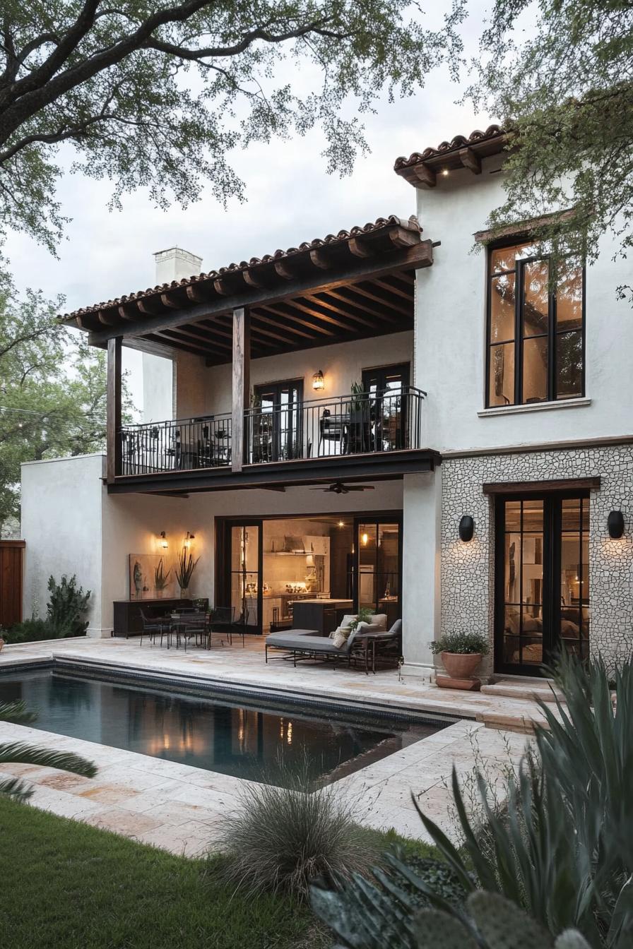 modern mexican hacienda with stucco siding barrel shingle roof balconies with black metal railings yard with small pool travertine deck a pool