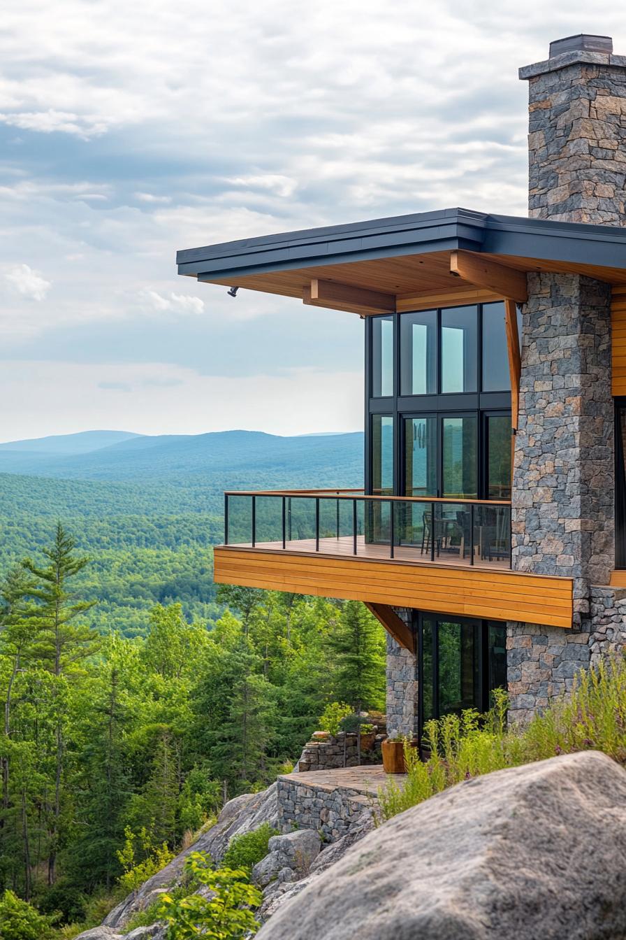 modern moutnain cottage on a steep hill it has a large wooden porch cantilevered on the edge large windows stone chimney wooden siding landscape 1