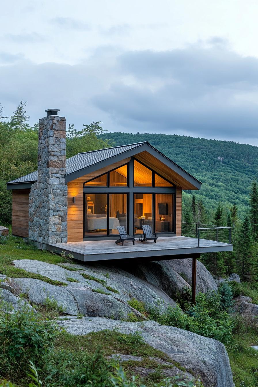 modern moutnain cottage on a steep hill it has a large wooden porch cantilevered on the edge large windows stone chimney wooden siding landscape