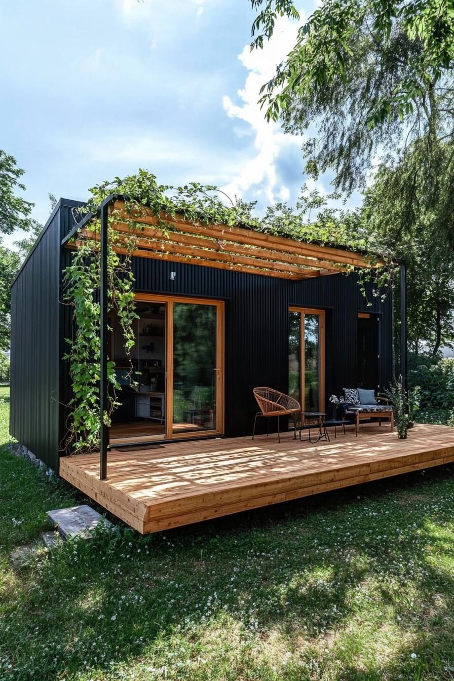 modern prefab small house facade with black siding natural wood deck with pergola with vines Scandinavian fields full house view 1